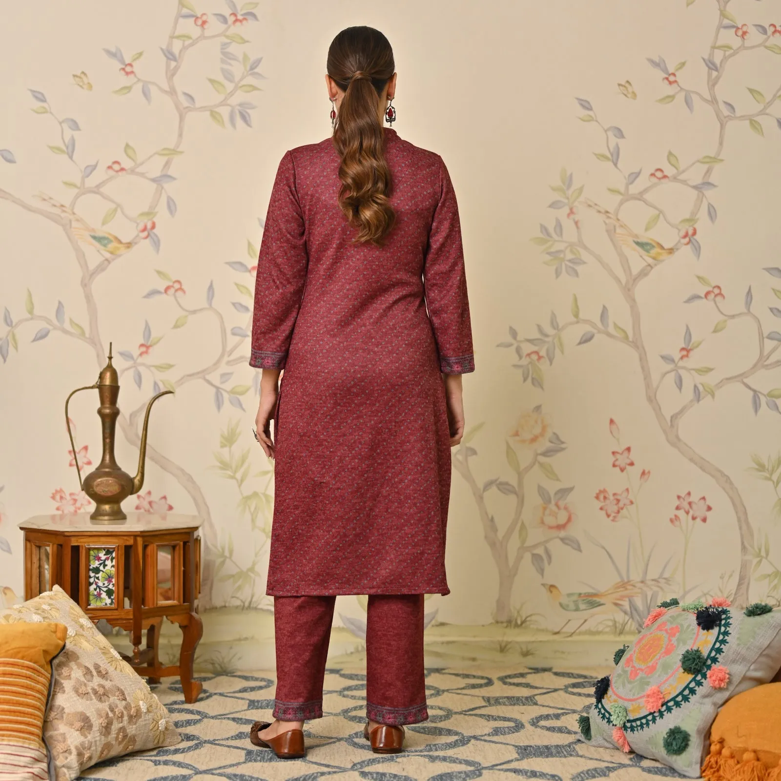 Maroon Kutch Embroidered Woollen Kurta