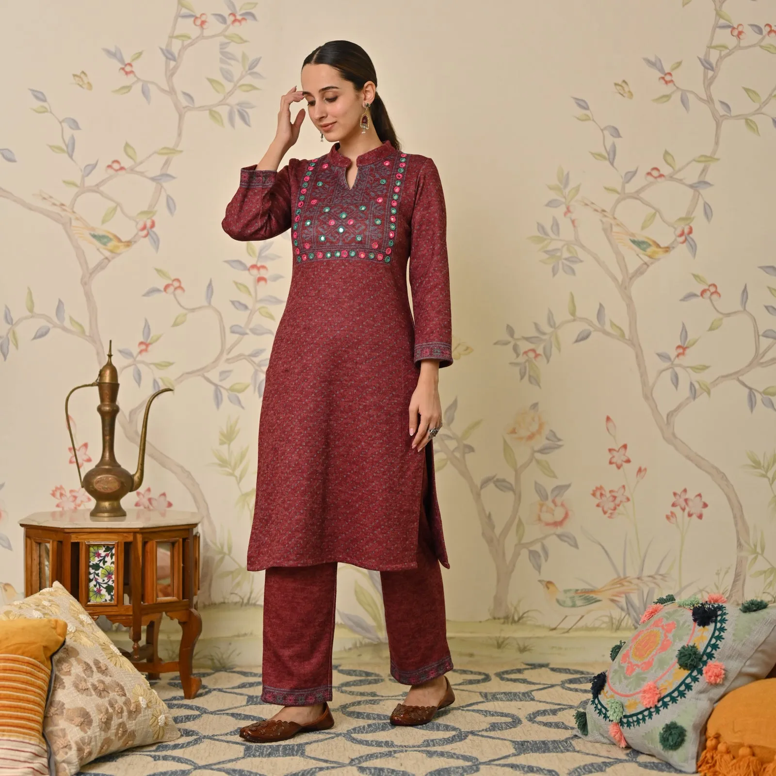 Maroon Kutch Embroidered Woollen Kurta