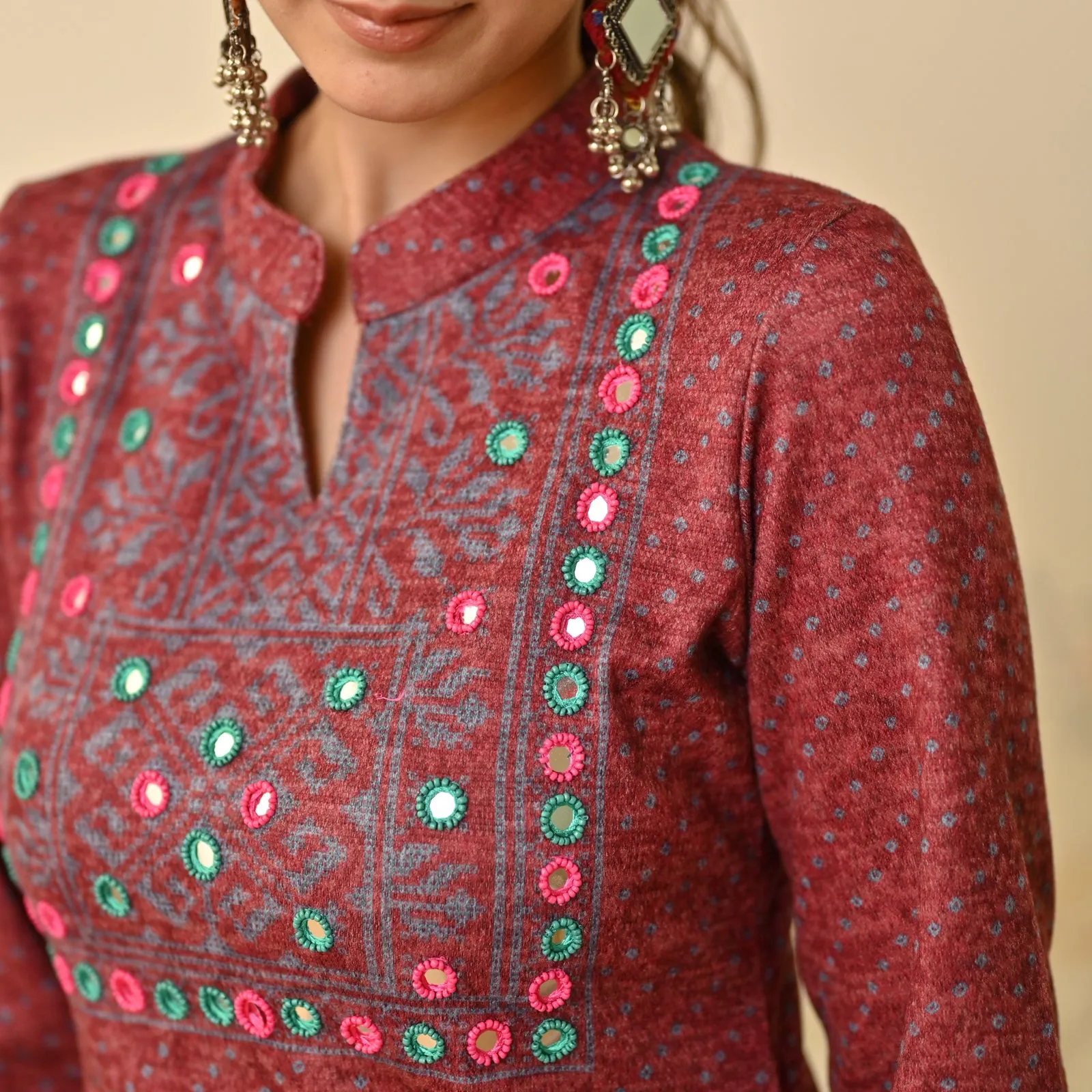 Maroon Kutch Embroidered Woollen Kurta