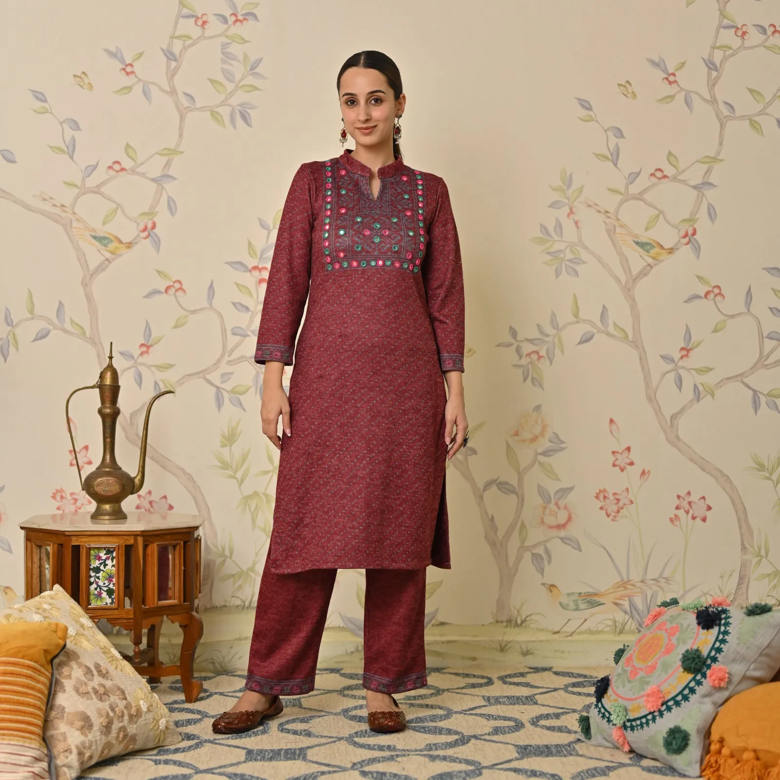 Maroon Kutch Embroidered Woollen Kurta