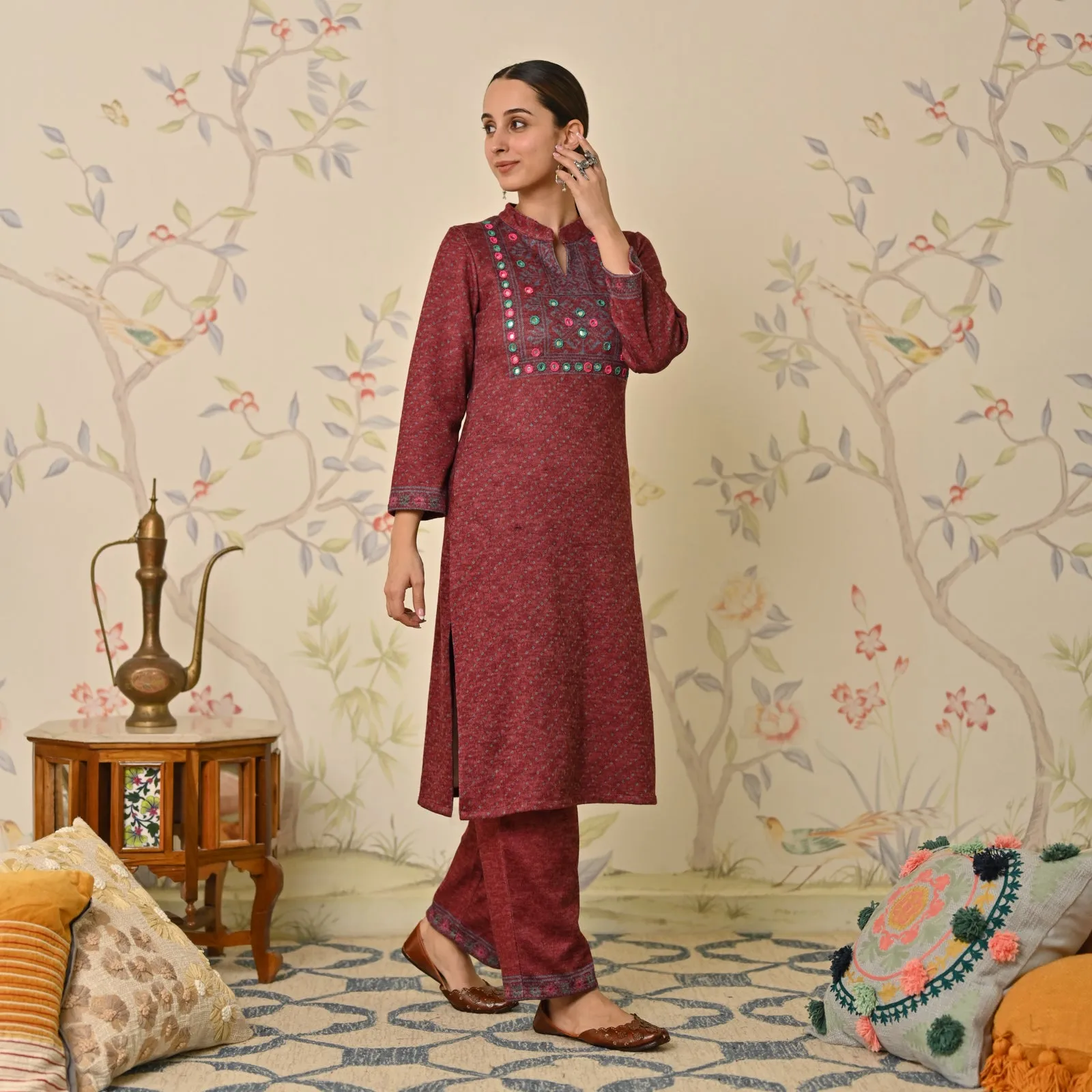 Maroon Kutch Embroidered Woollen Kurta