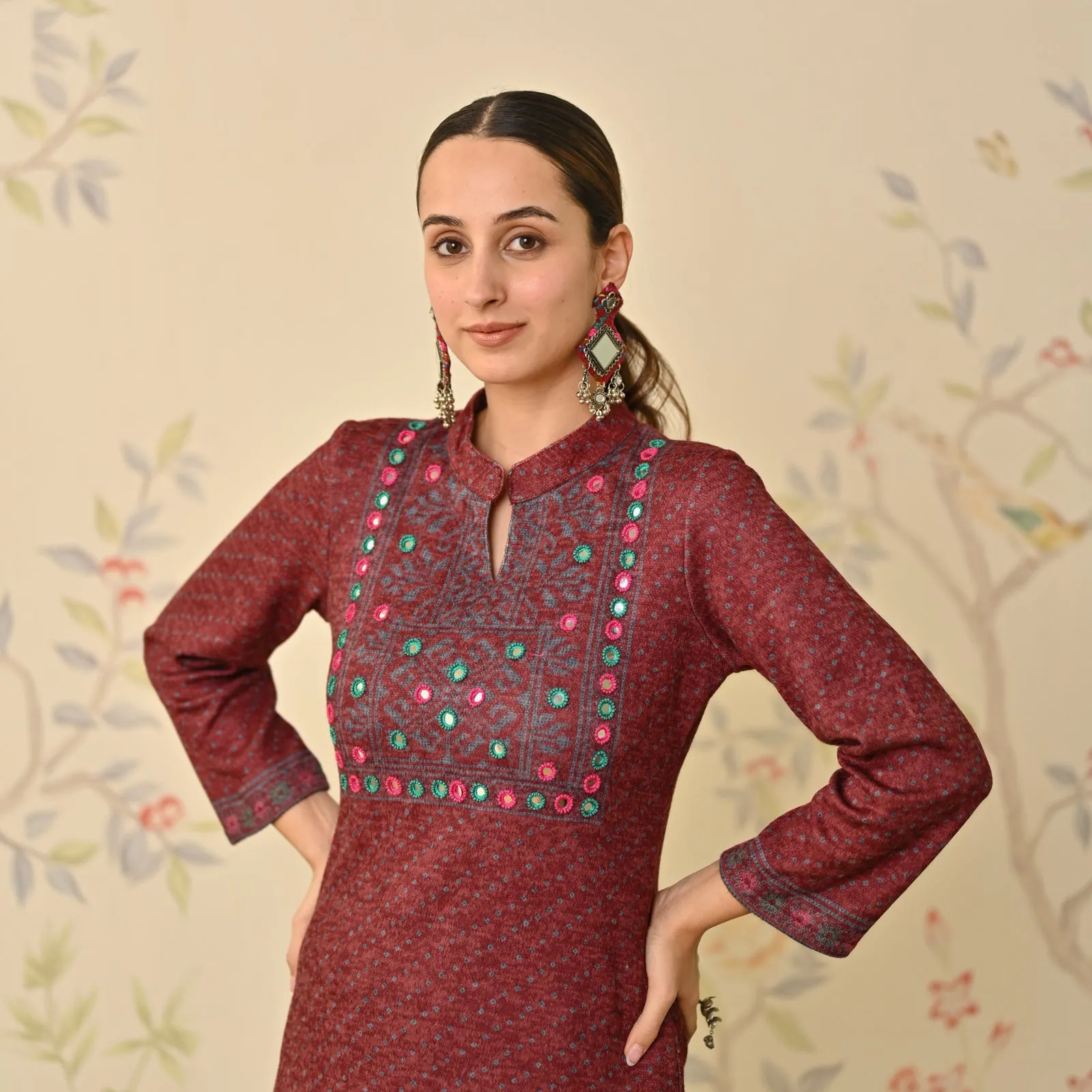 Maroon Kutch Embroidered Woollen Kurta