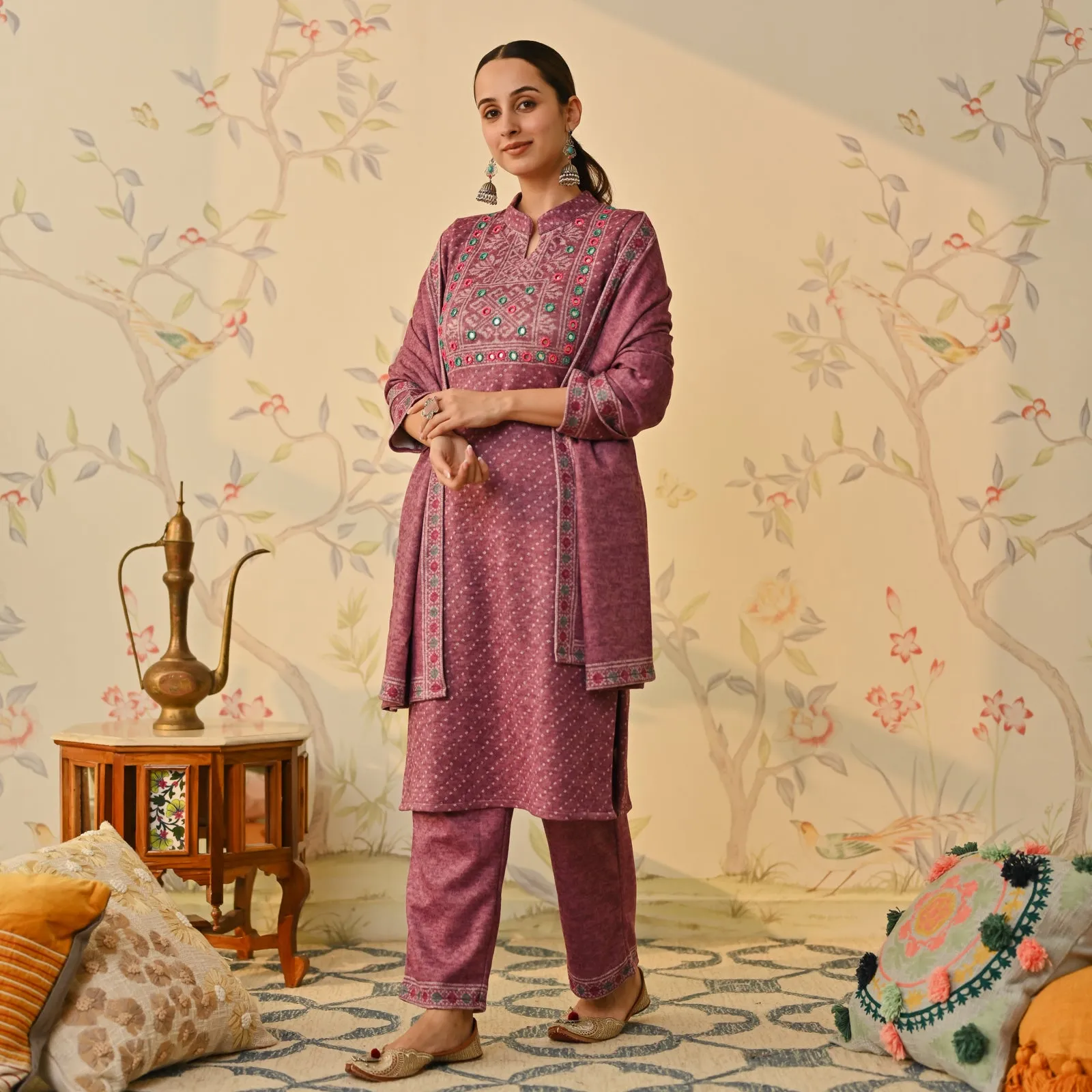 Mauve Kutch Embroidered Woollen Kurta Pant Set with Dupatta