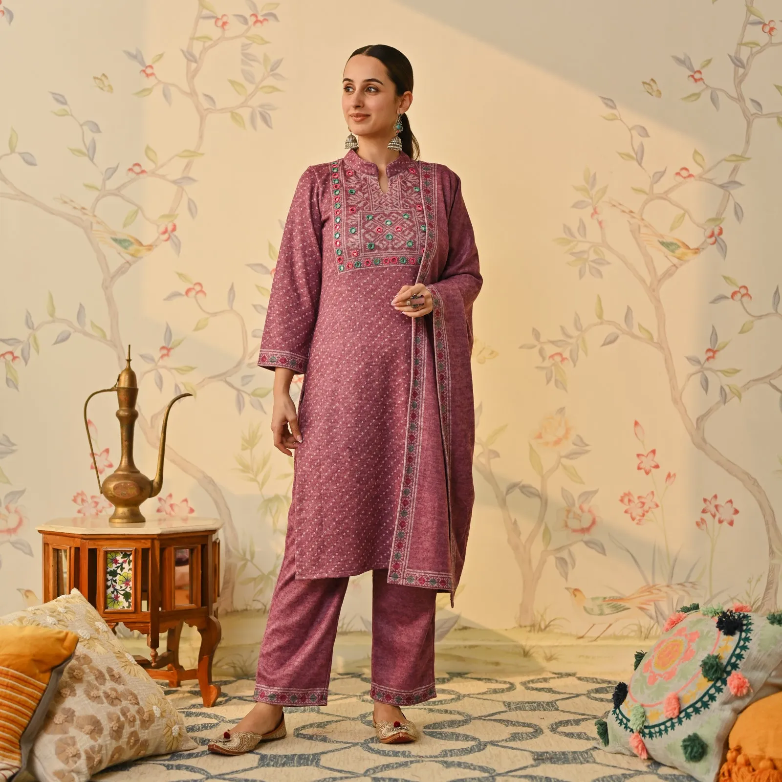 Mauve Kutch Embroidered Woollen Kurta Pant Set with Dupatta