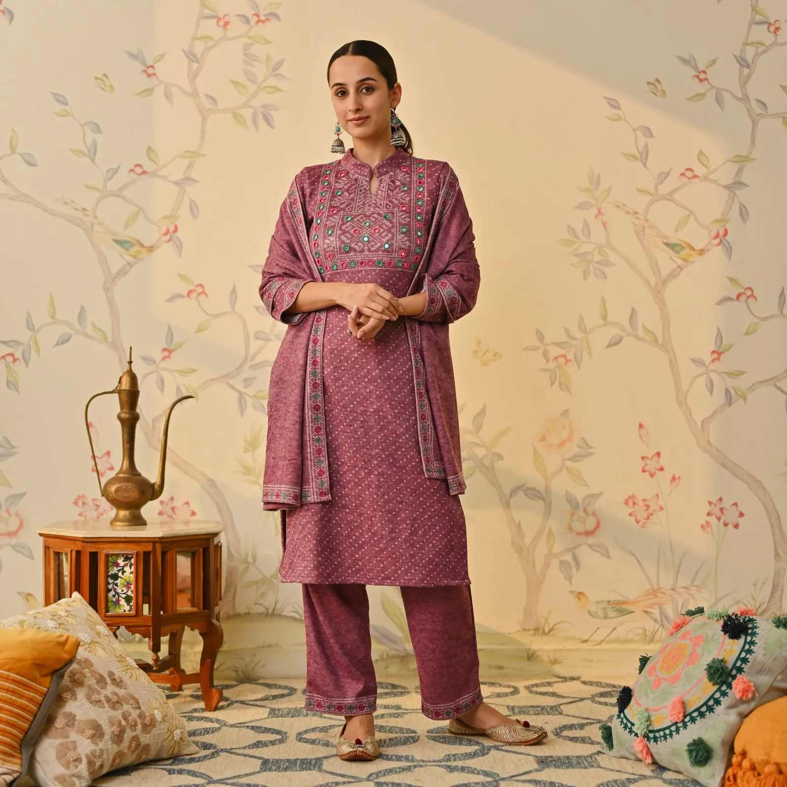 Mauve Kutch Embroidered Woollen Kurta Pant Set with Dupatta