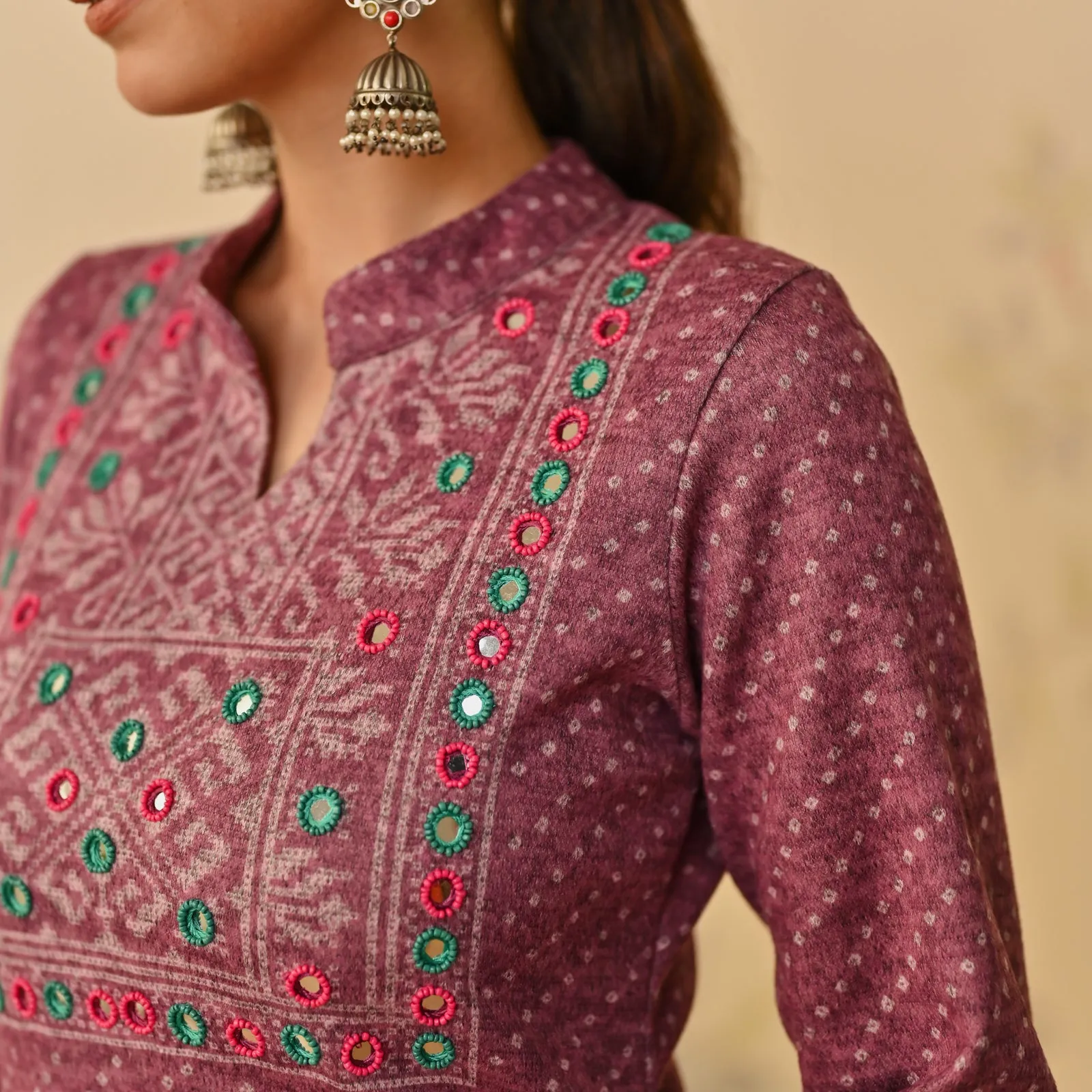 Mauve Kutch Embroidered Woollen Kurta Pant Set with Dupatta