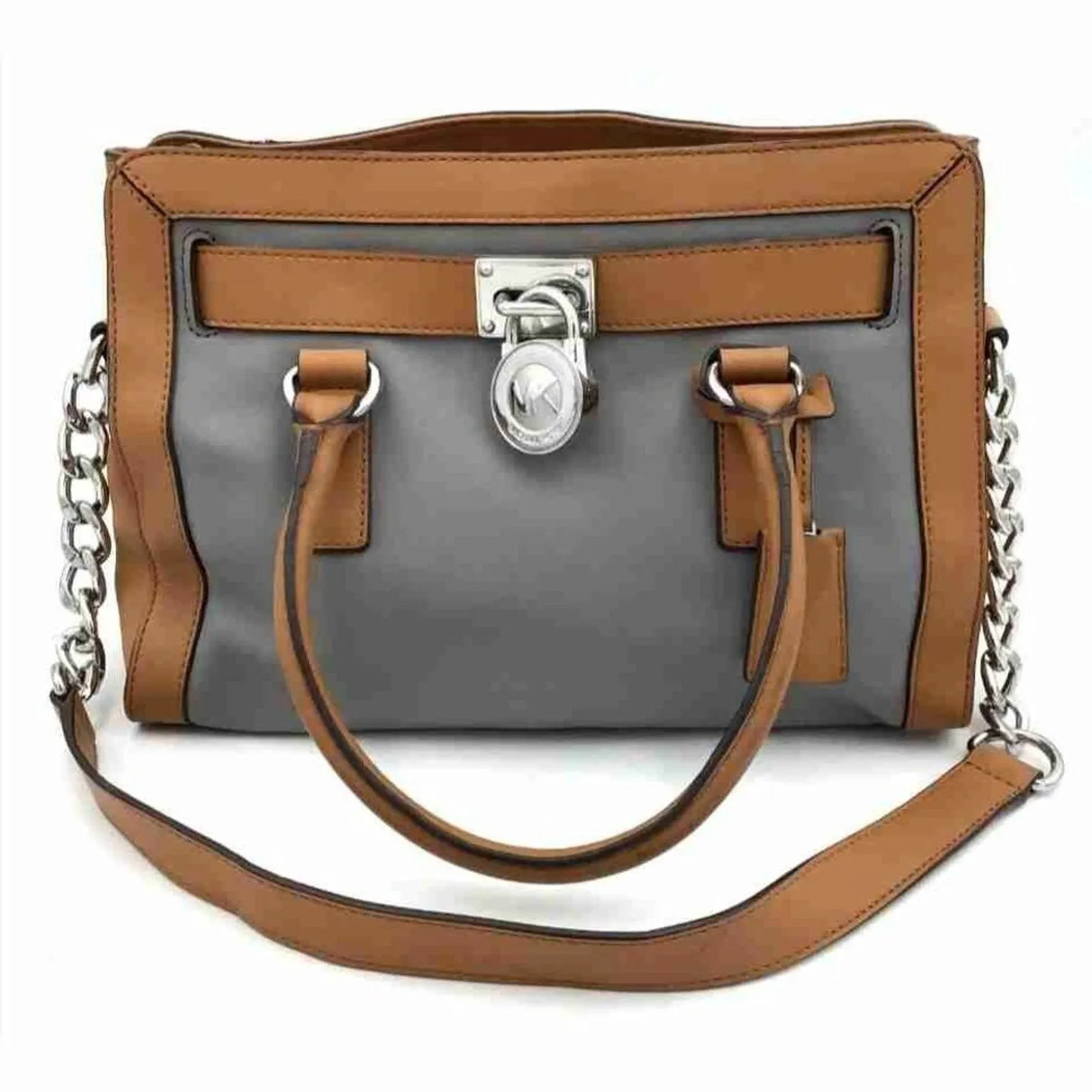 Michael Kors Hamilton Grey Brown Leather Satchel Bag With COA