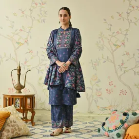 Navy Blue Embroidered & Floral Printed Woollen Kurta Pant Set with Dupatta