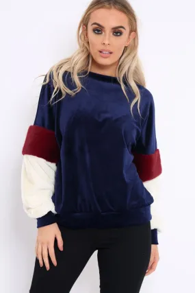 Navy Soft Fur Jumper with Contrast Sleeves - Erla