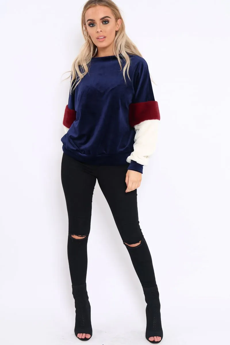 Navy Soft Fur Jumper with Contrast Sleeves - Erla