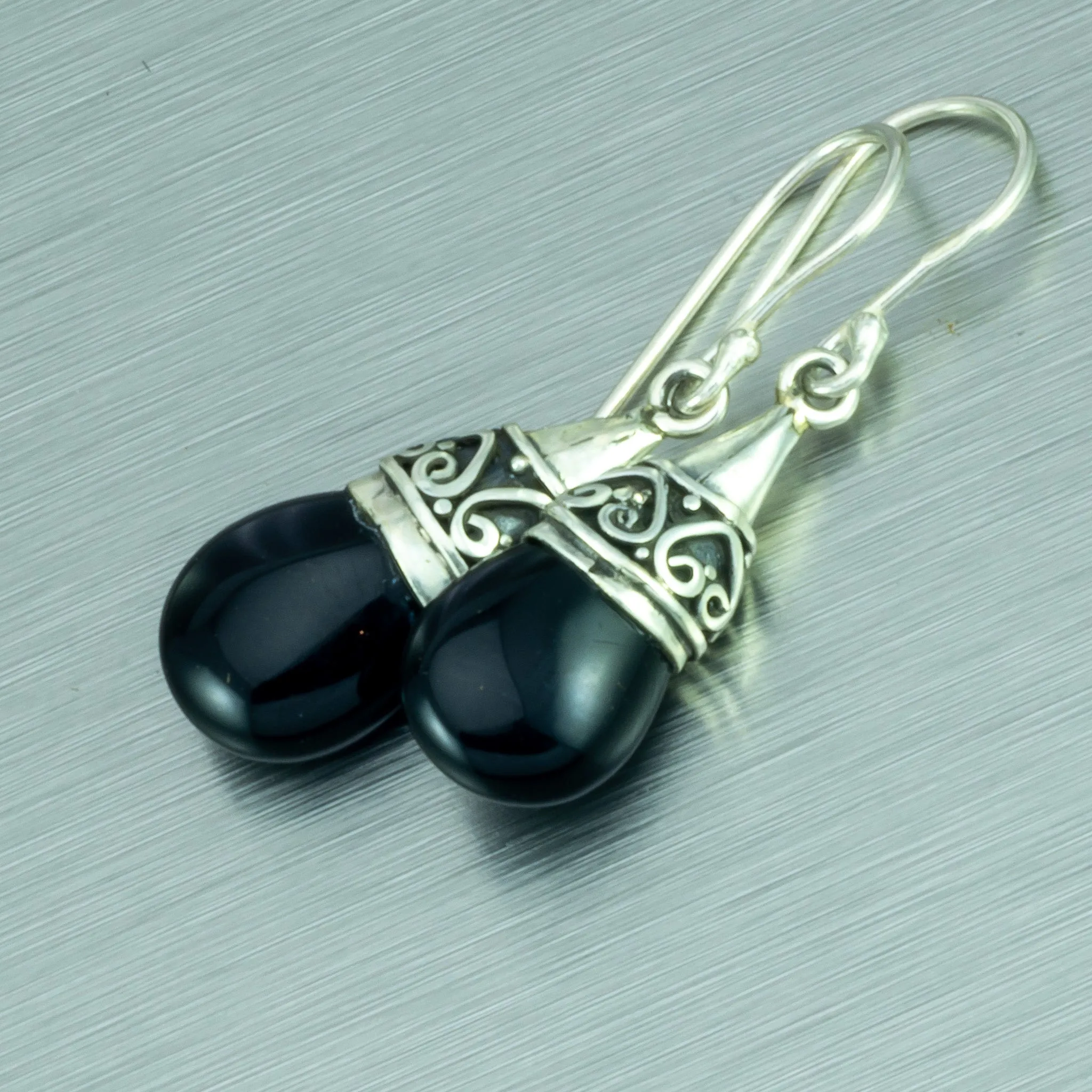 Onyx (ethnic) pebble sterling silver earrings