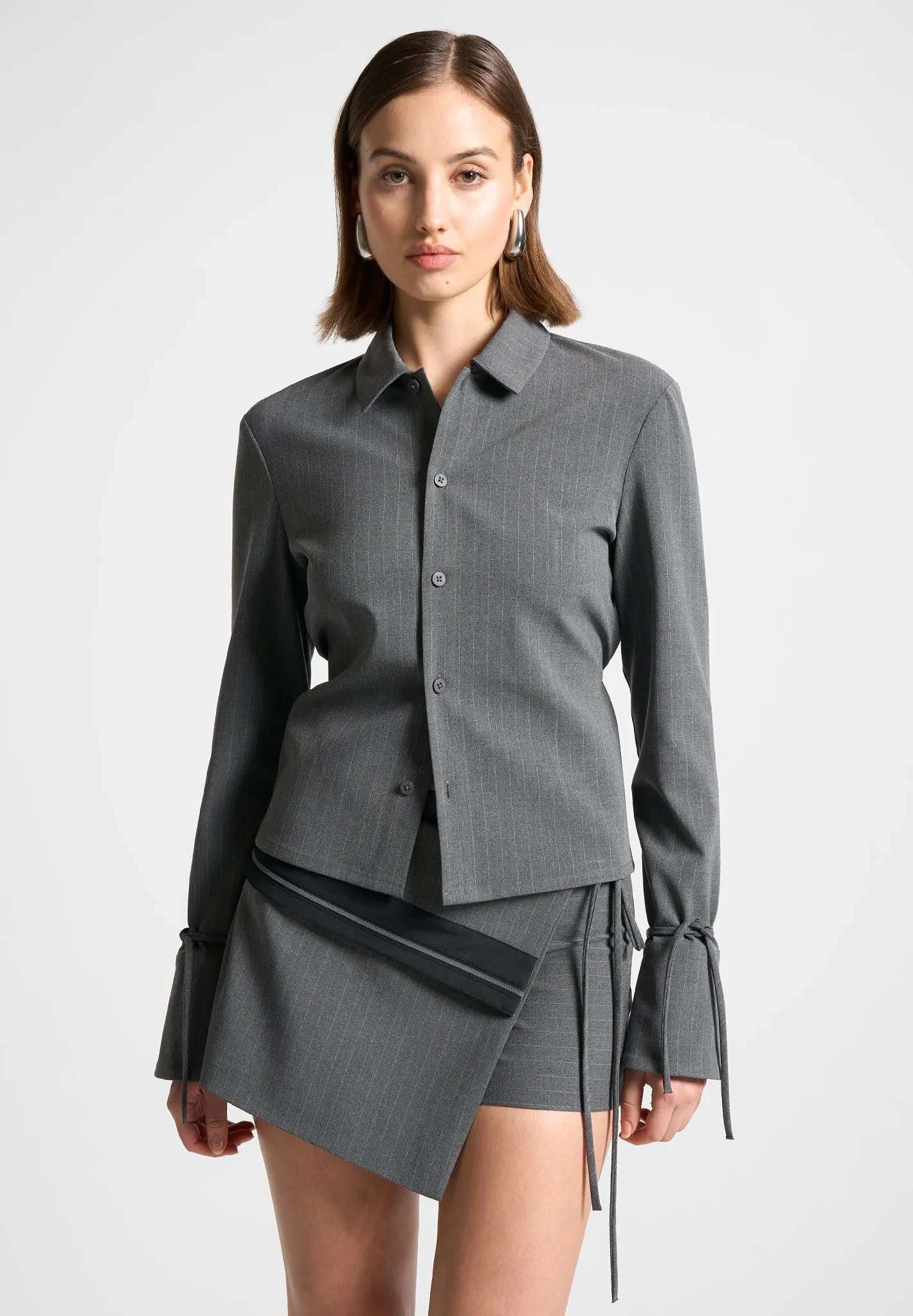 Pinstripe Cinch Tailored Shirt with Ties - Grey