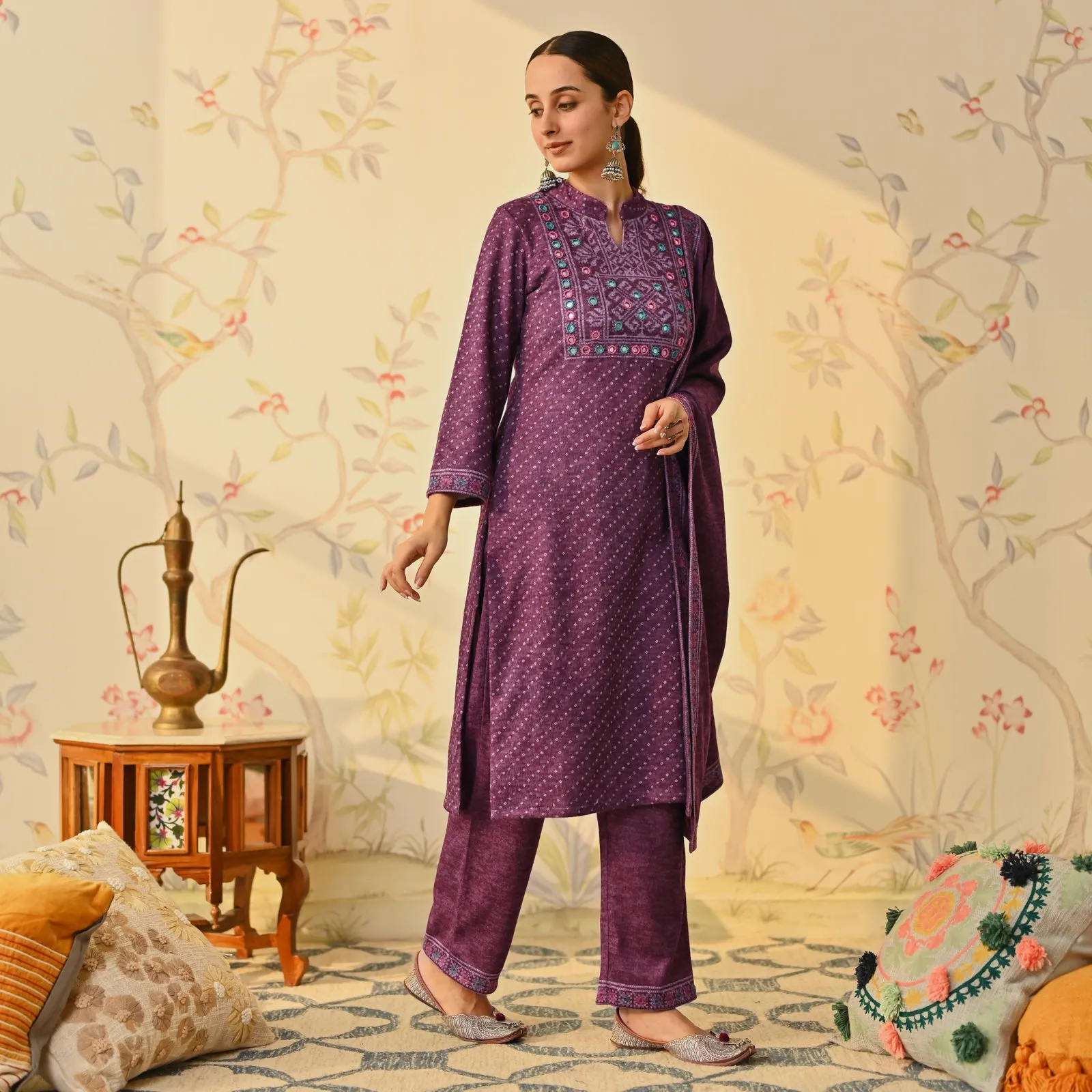 Purple Kutch Embroidered Woollen Kurta Pant Set with Dupatta