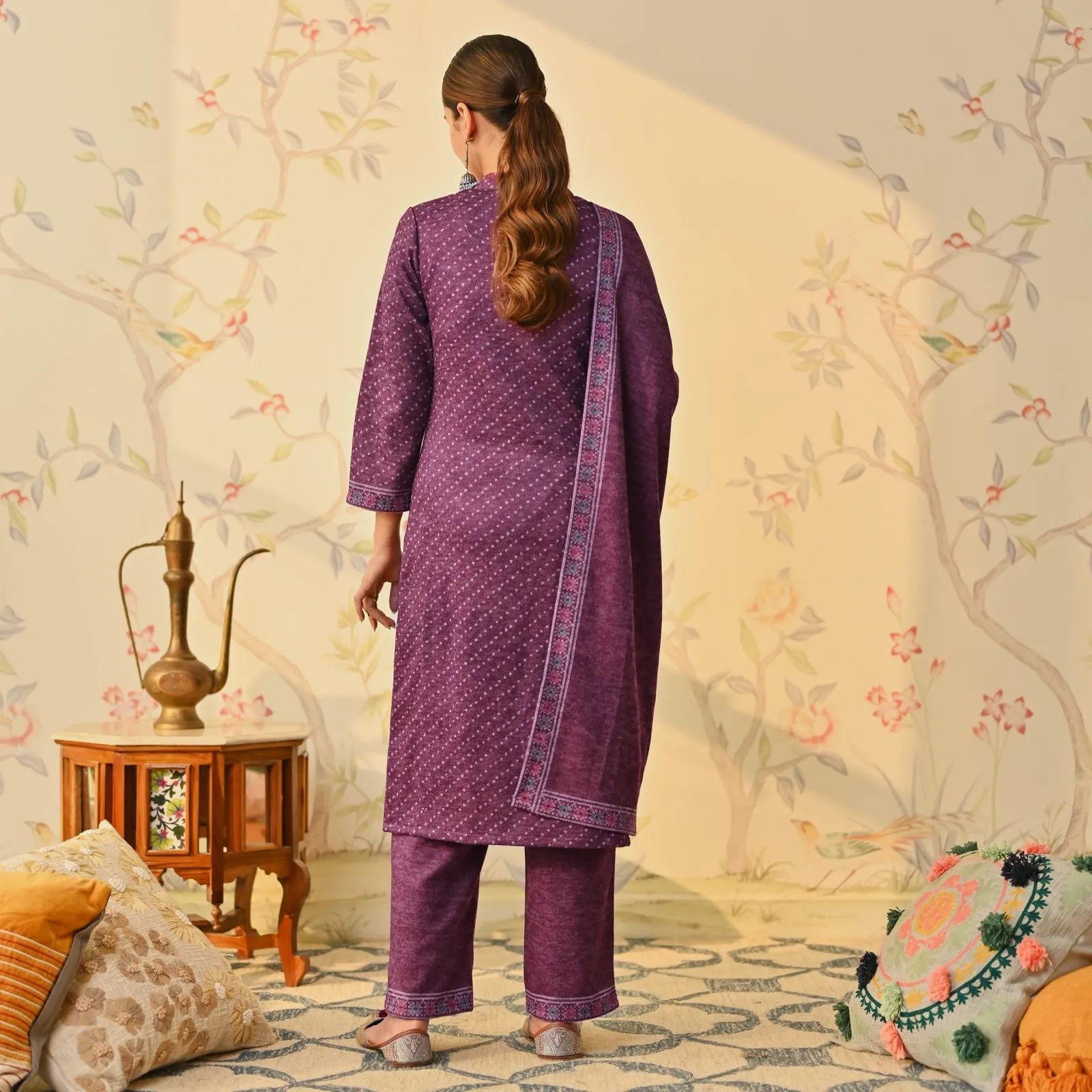 Purple Kutch Embroidered Woollen Kurta Pant Set with Dupatta