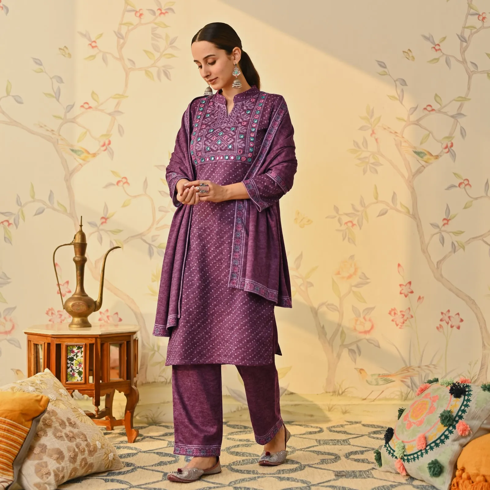 Purple Kutch Embroidered Woollen Kurta Pant Set with Dupatta