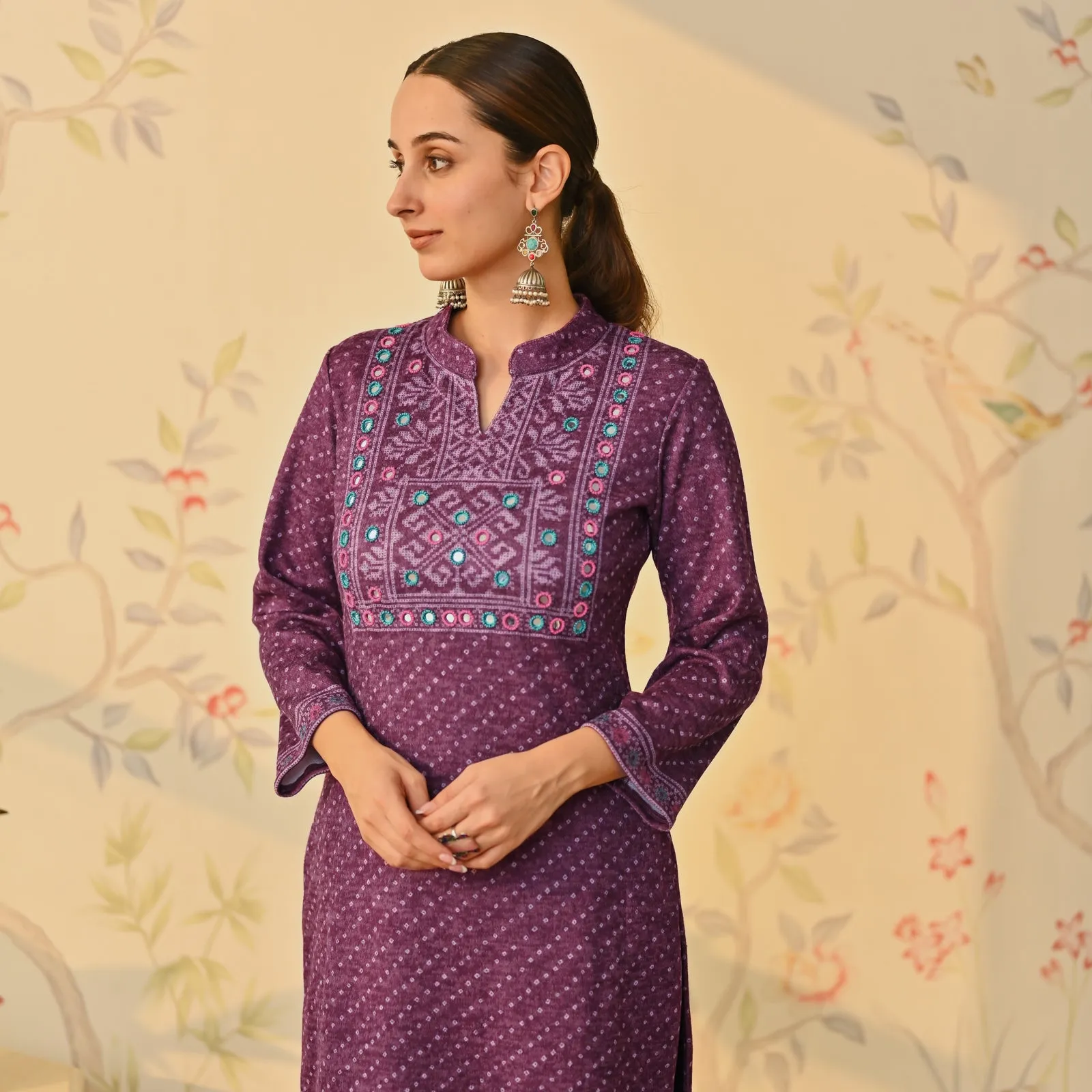 Purple Kutch Embroidered Woollen Kurta Pant Set with Dupatta