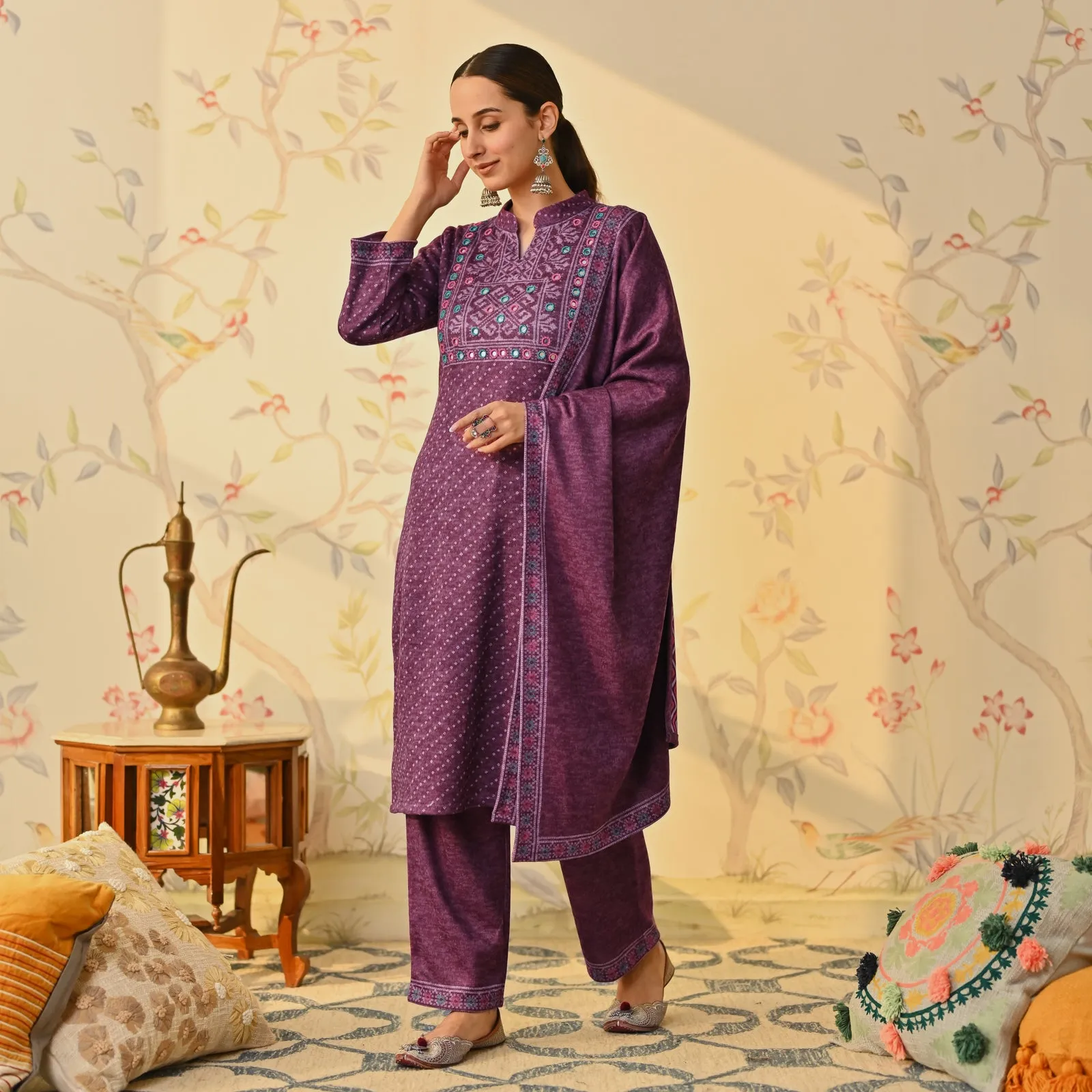 Purple Kutch Embroidered Woollen Kurta Pant Set with Dupatta