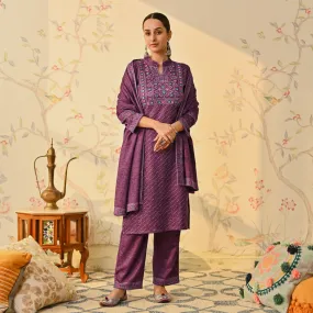 Purple Kutch Embroidered Woollen Kurta Pant Set with Dupatta