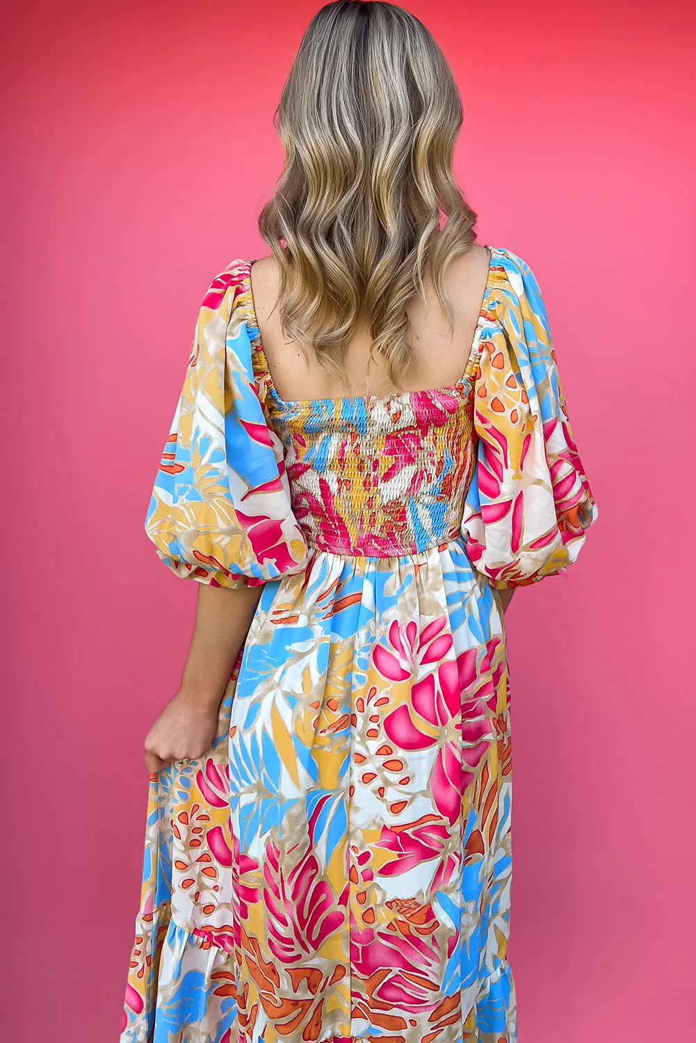 Rose Red Tropical Print Smocked Bodice Puff Sleeve Maxi Dress