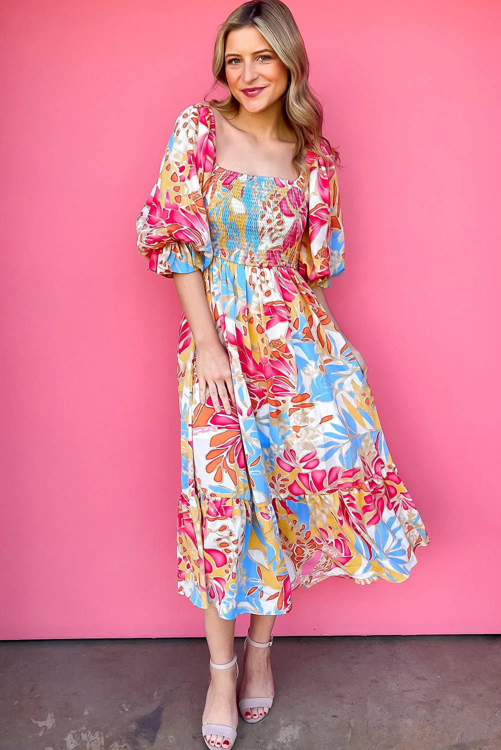 Rose Red Tropical Print Smocked Bodice Puff Sleeve Maxi Dress