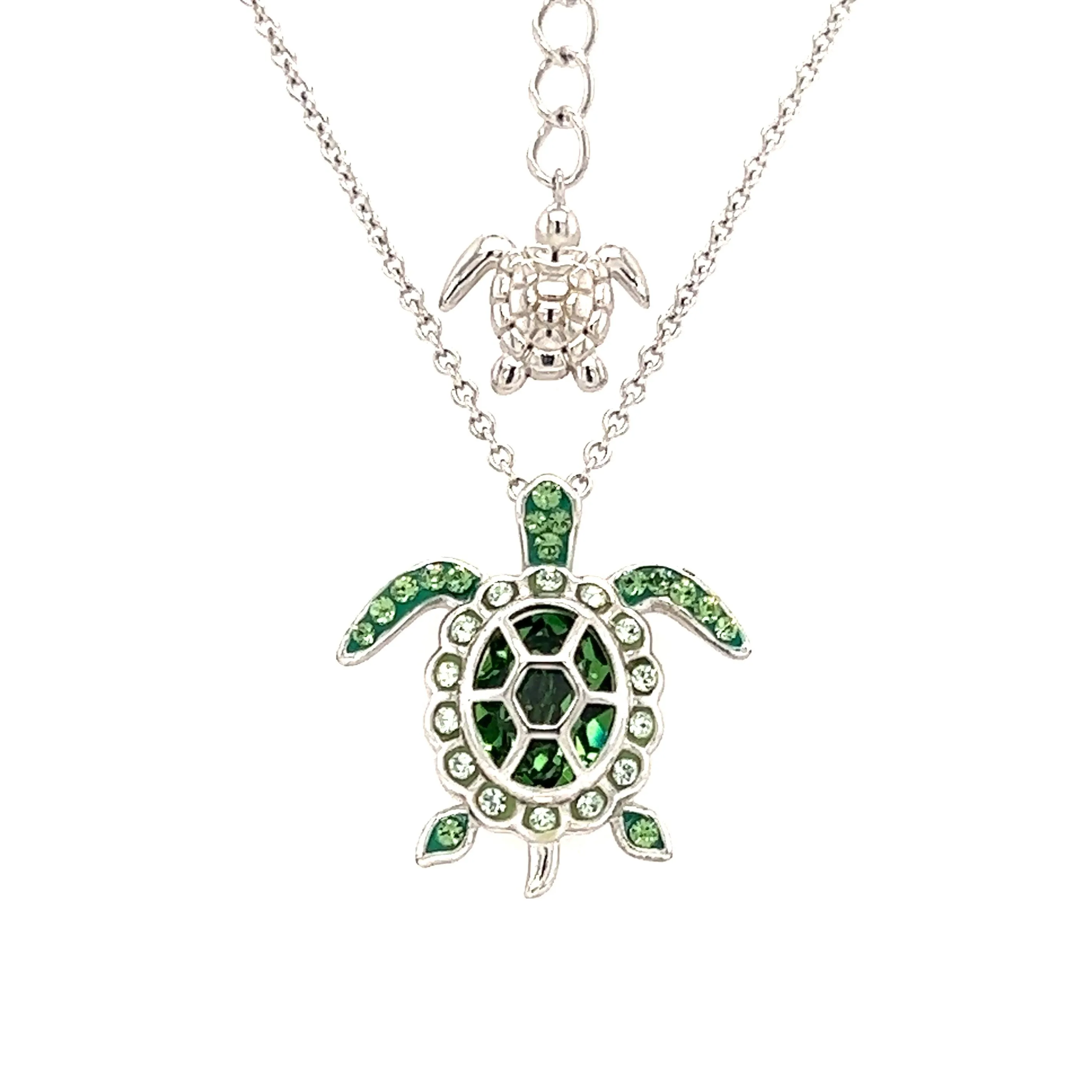 Sea Turtle Necklace with Light Green Crystals in Sterling Silver