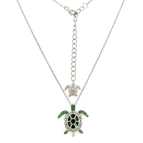 Sea Turtle Necklace with Light Green Crystals in Sterling Silver