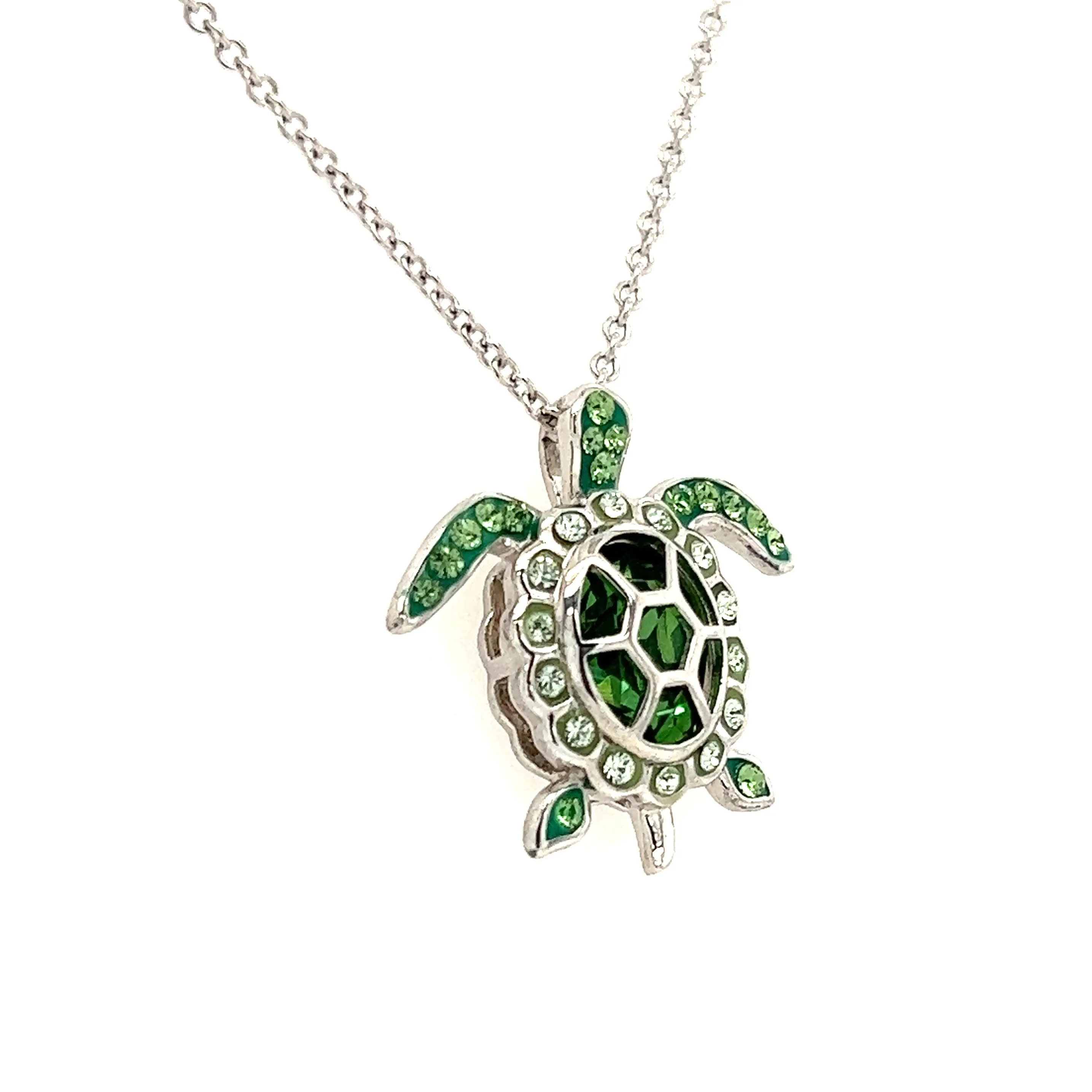 Sea Turtle Necklace with Light Green Crystals in Sterling Silver