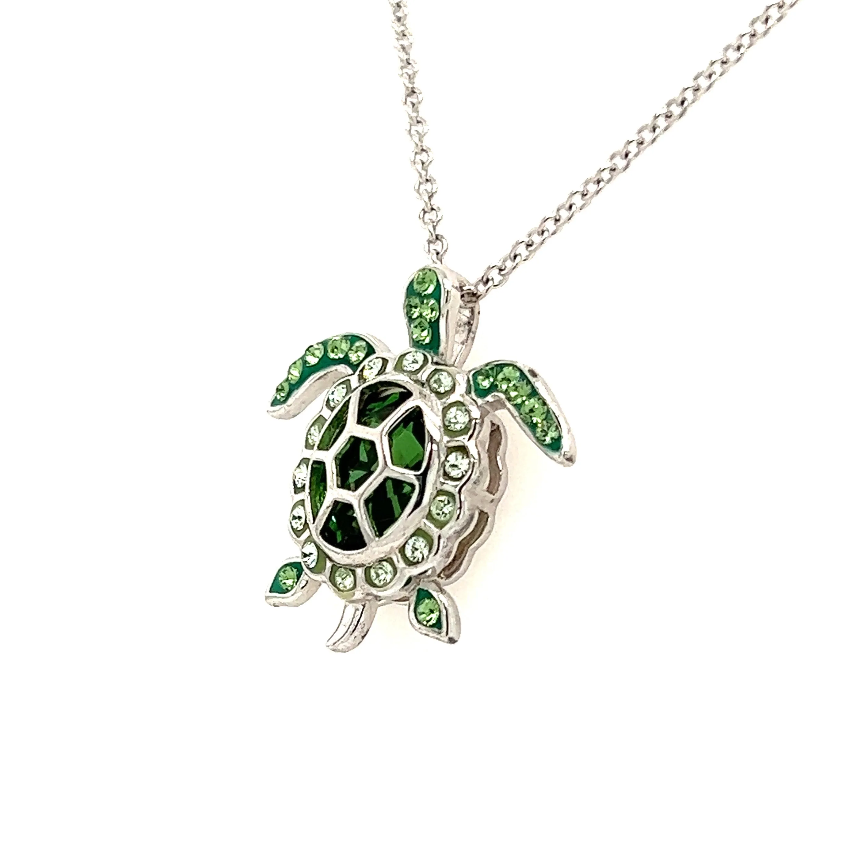 Sea Turtle Necklace with Light Green Crystals in Sterling Silver