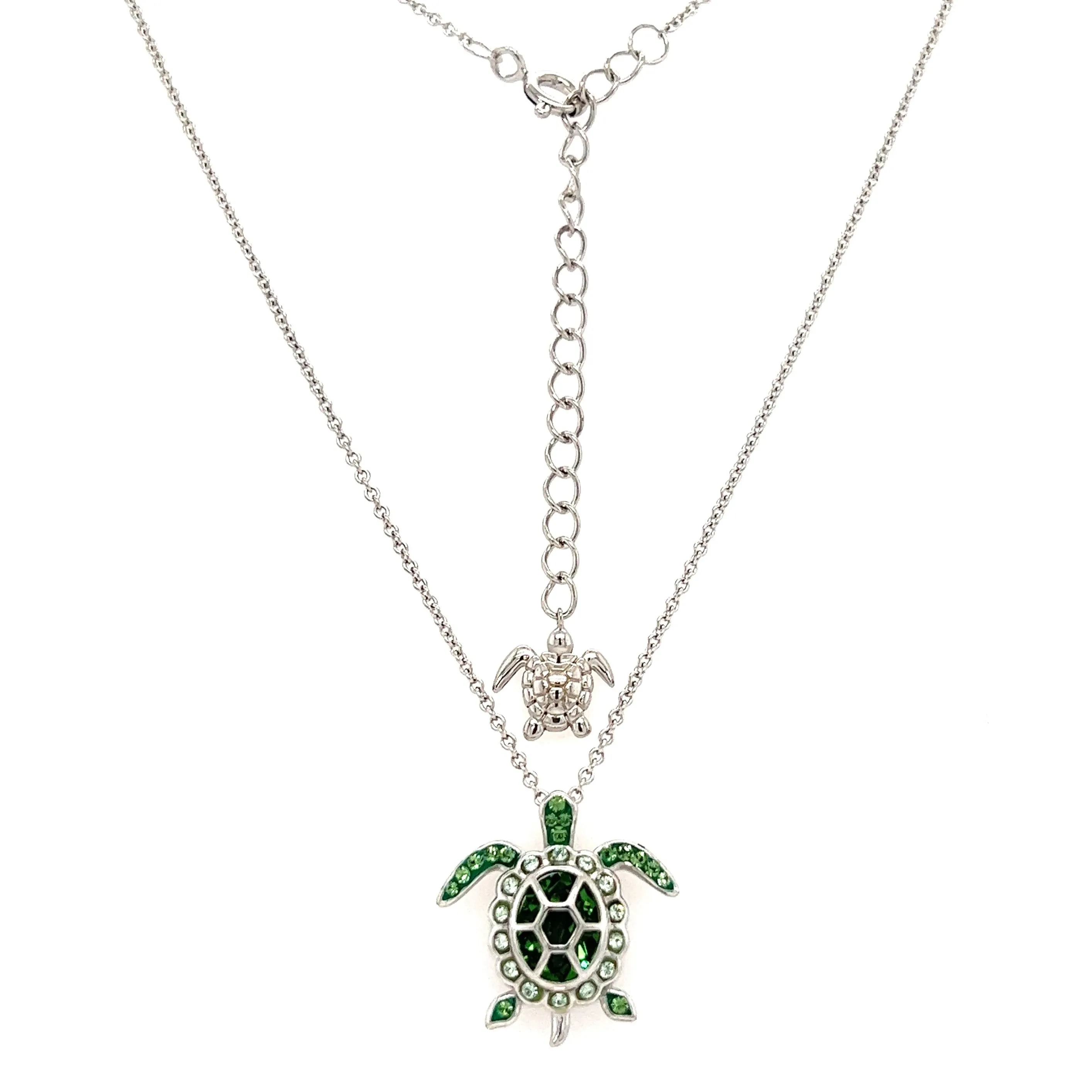 Sea Turtle Necklace with Light Green Crystals in Sterling Silver