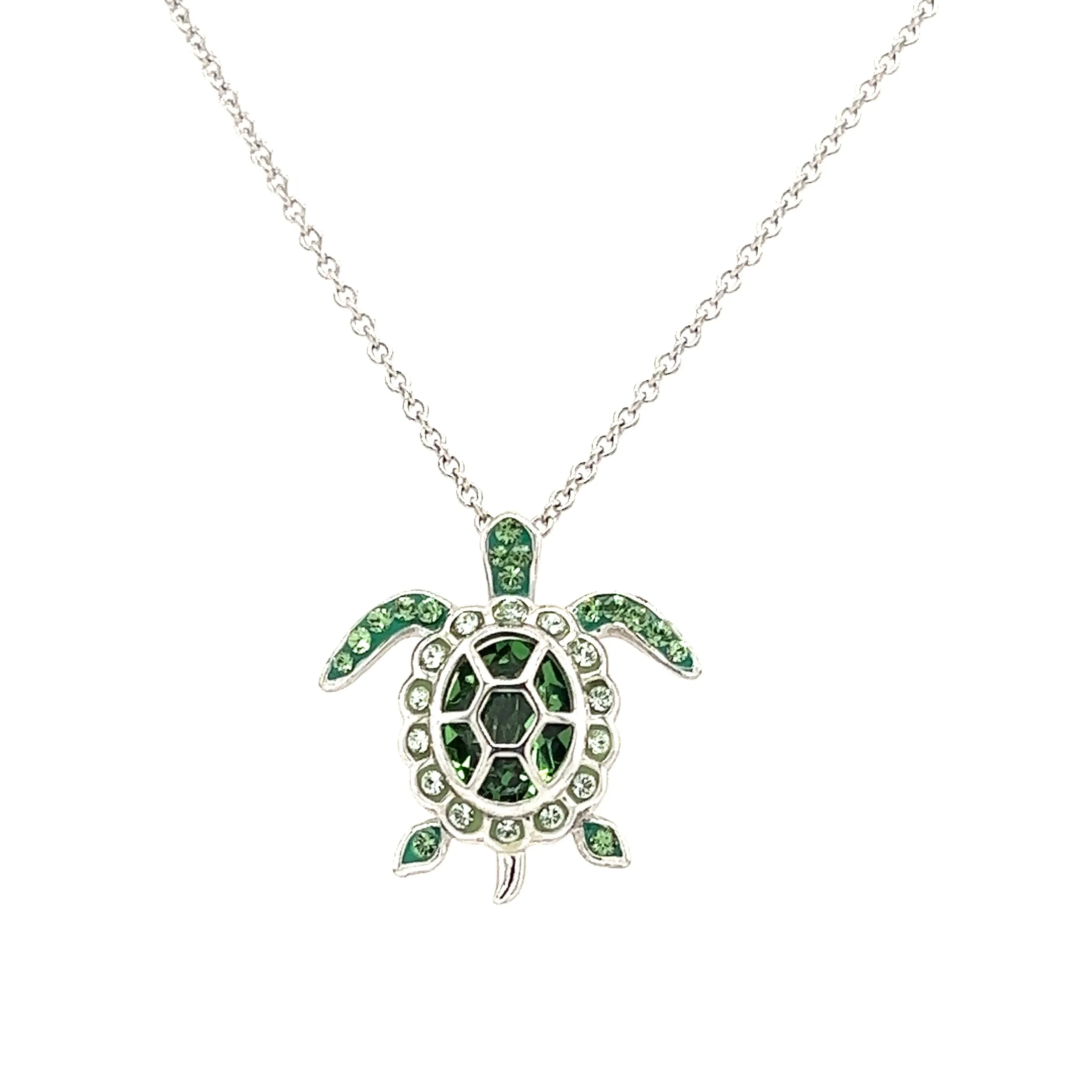 Sea Turtle Necklace with Light Green Crystals in Sterling Silver