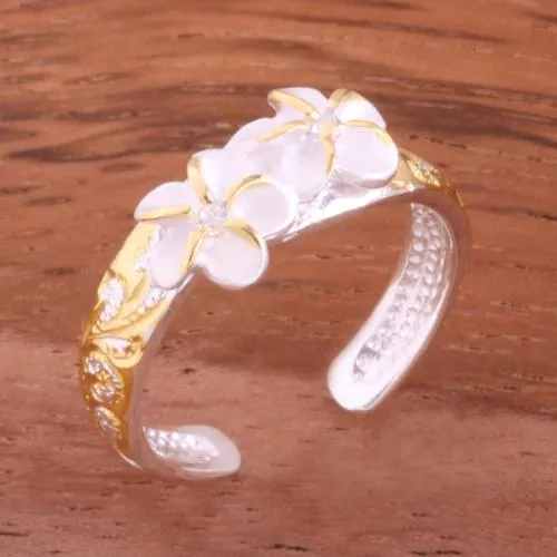 Sterling Silver Hawaiian Scroll 2 Plumeria with CZ Smooth Edge Toe Ring (Clear CZ/Pink CZ/Blue CZ/Purple CZ/Yellow Gold) 3mm