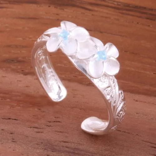 Sterling Silver Hawaiian Scroll 2 Plumeria with CZ Smooth Edge Toe Ring (Clear CZ/Pink CZ/Blue CZ/Purple CZ/Yellow Gold) 3mm