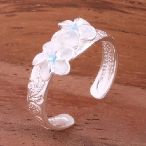 Sterling Silver Hawaiian Scroll 2 Plumeria with CZ Smooth Edge Toe Ring (Clear CZ/Pink CZ/Blue CZ/Purple CZ/Yellow Gold) 3mm