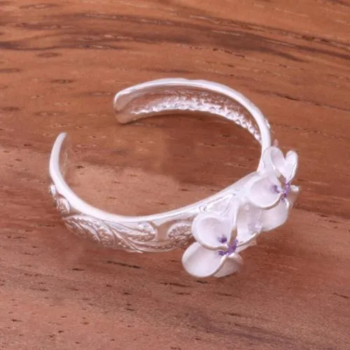 Sterling Silver Hawaiian Scroll 2 Plumeria with CZ Smooth Edge Toe Ring (Clear CZ/Pink CZ/Blue CZ/Purple CZ/Yellow Gold) 3mm