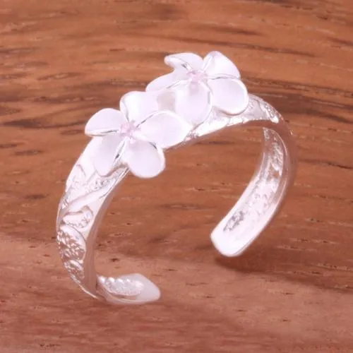 Sterling Silver Hawaiian Scroll 2 Plumeria with CZ Smooth Edge Toe Ring (Clear CZ/Pink CZ/Blue CZ/Purple CZ/Yellow Gold) 3mm