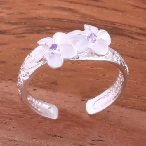 Sterling Silver Hawaiian Scroll 2 Plumeria with CZ Smooth Edge Toe Ring (Clear CZ/Pink CZ/Blue CZ/Purple CZ/Yellow Gold) 3mm