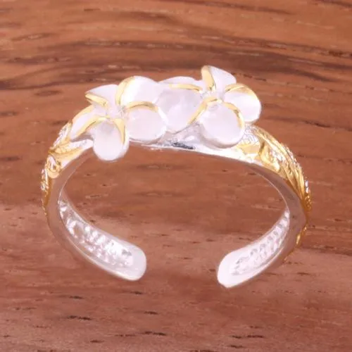 Sterling Silver Hawaiian Scroll 2 Plumeria with CZ Smooth Edge Toe Ring (Clear CZ/Pink CZ/Blue CZ/Purple CZ/Yellow Gold) 3mm