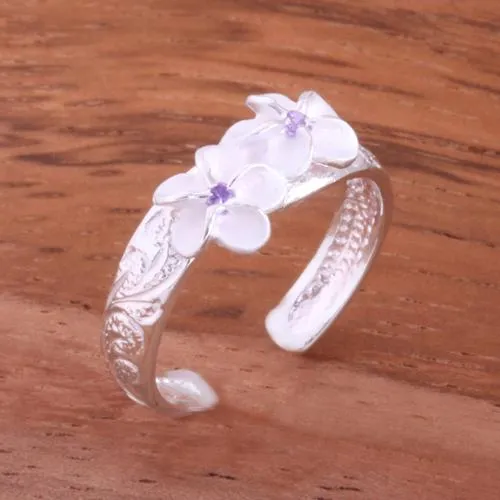 Sterling Silver Hawaiian Scroll 2 Plumeria with CZ Smooth Edge Toe Ring (Clear CZ/Pink CZ/Blue CZ/Purple CZ/Yellow Gold) 3mm