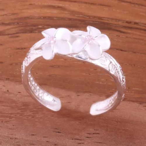 Sterling Silver Hawaiian Scroll 2 Plumeria with CZ Smooth Edge Toe Ring (Clear CZ/Pink CZ/Blue CZ/Purple CZ/Yellow Gold) 3mm