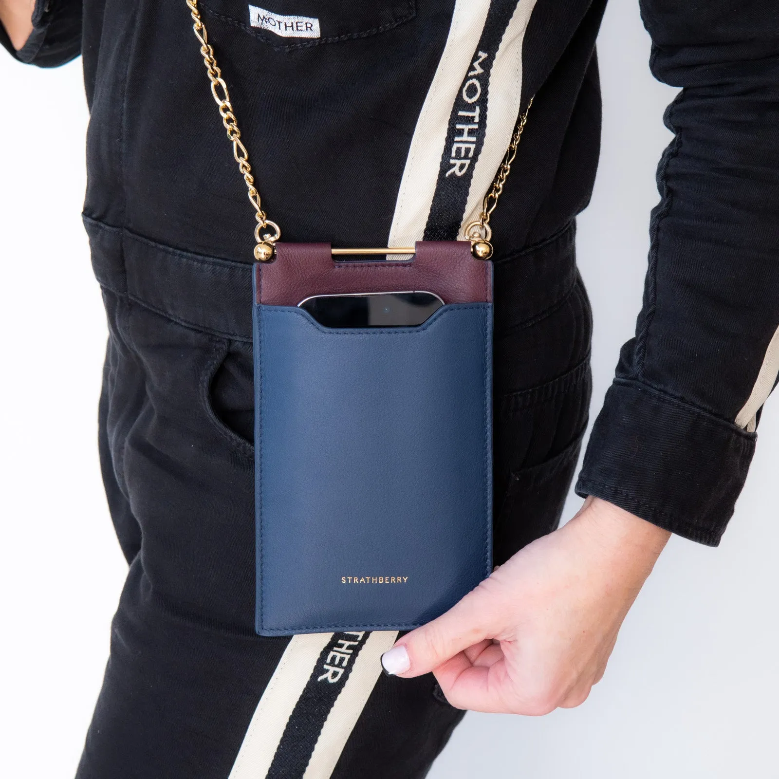 Strathberry Burgundy And Navy Leather Phone Holder On Chain