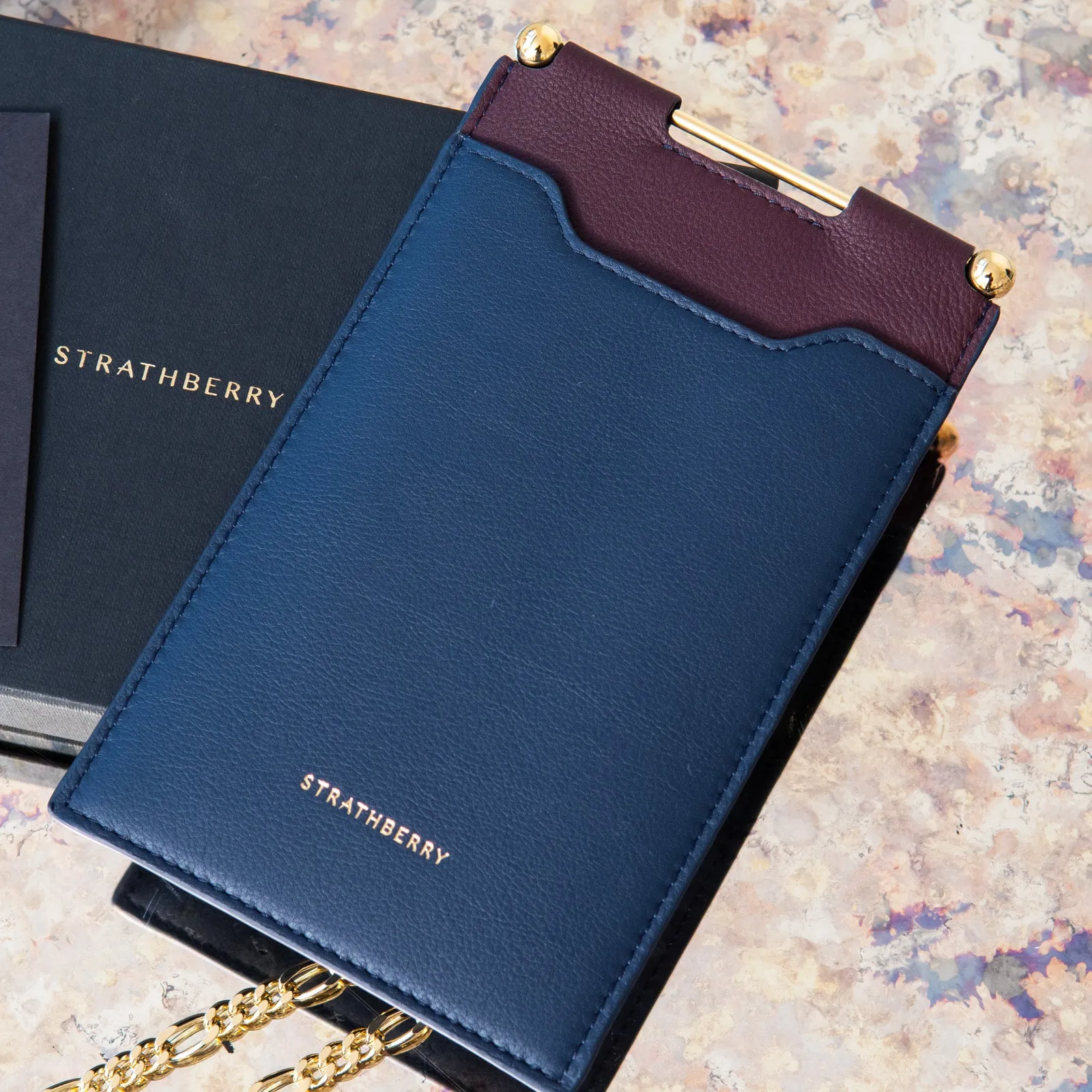 Strathberry Burgundy And Navy Leather Phone Holder On Chain