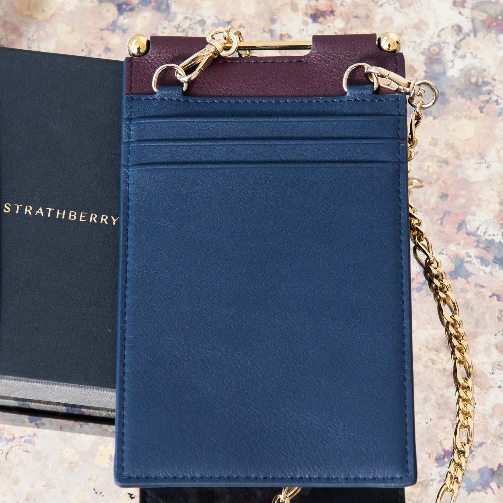 Strathberry Burgundy And Navy Leather Phone Holder On Chain