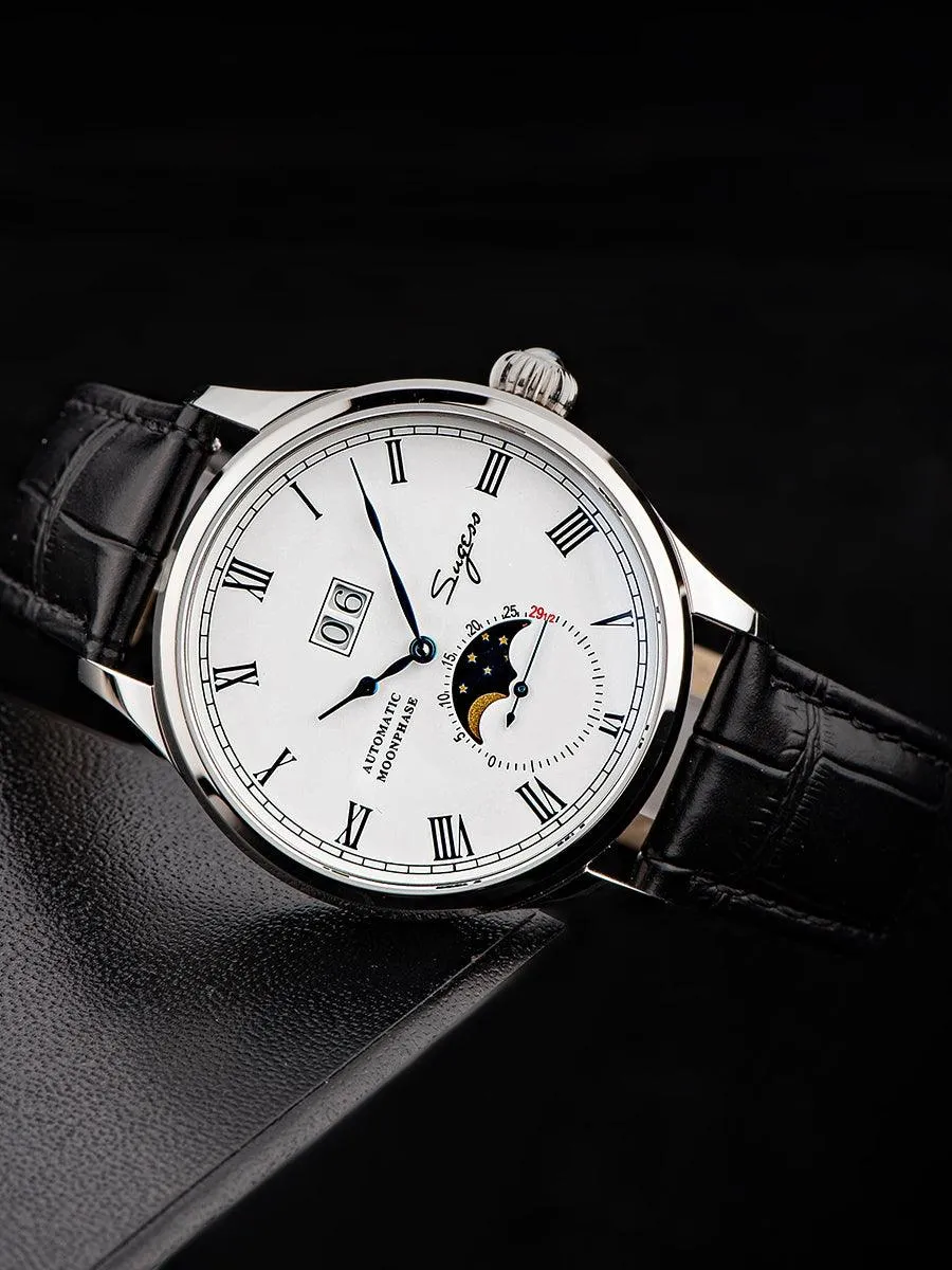 Sugess Automatic Moon Phase Men's Watch Stainless Steel Case with Seagull Movement, Business Elegance, and Enamel Dial