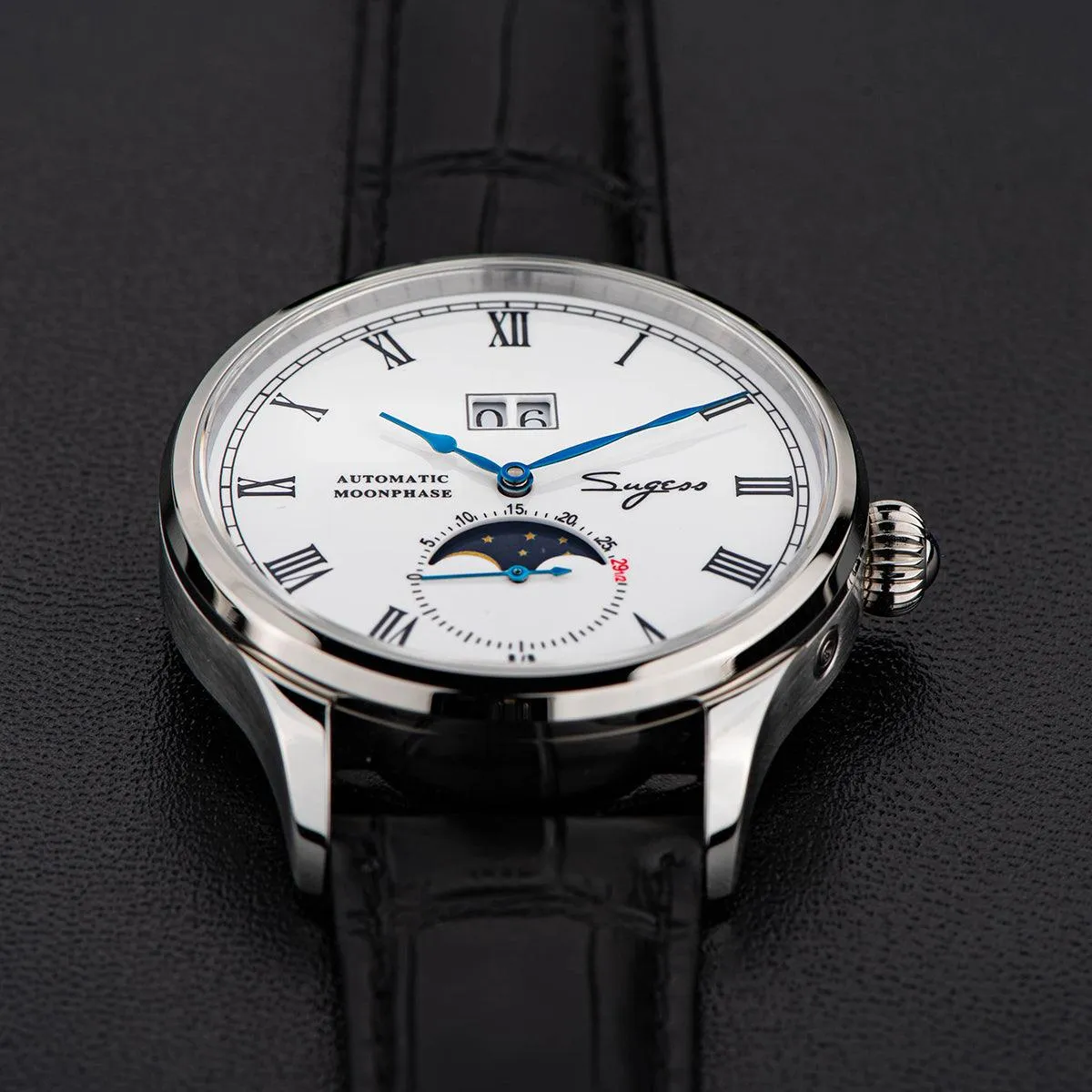 Sugess Automatic Moon Phase Men's Watch Stainless Steel Case with Seagull Movement, Business Elegance, and Enamel Dial