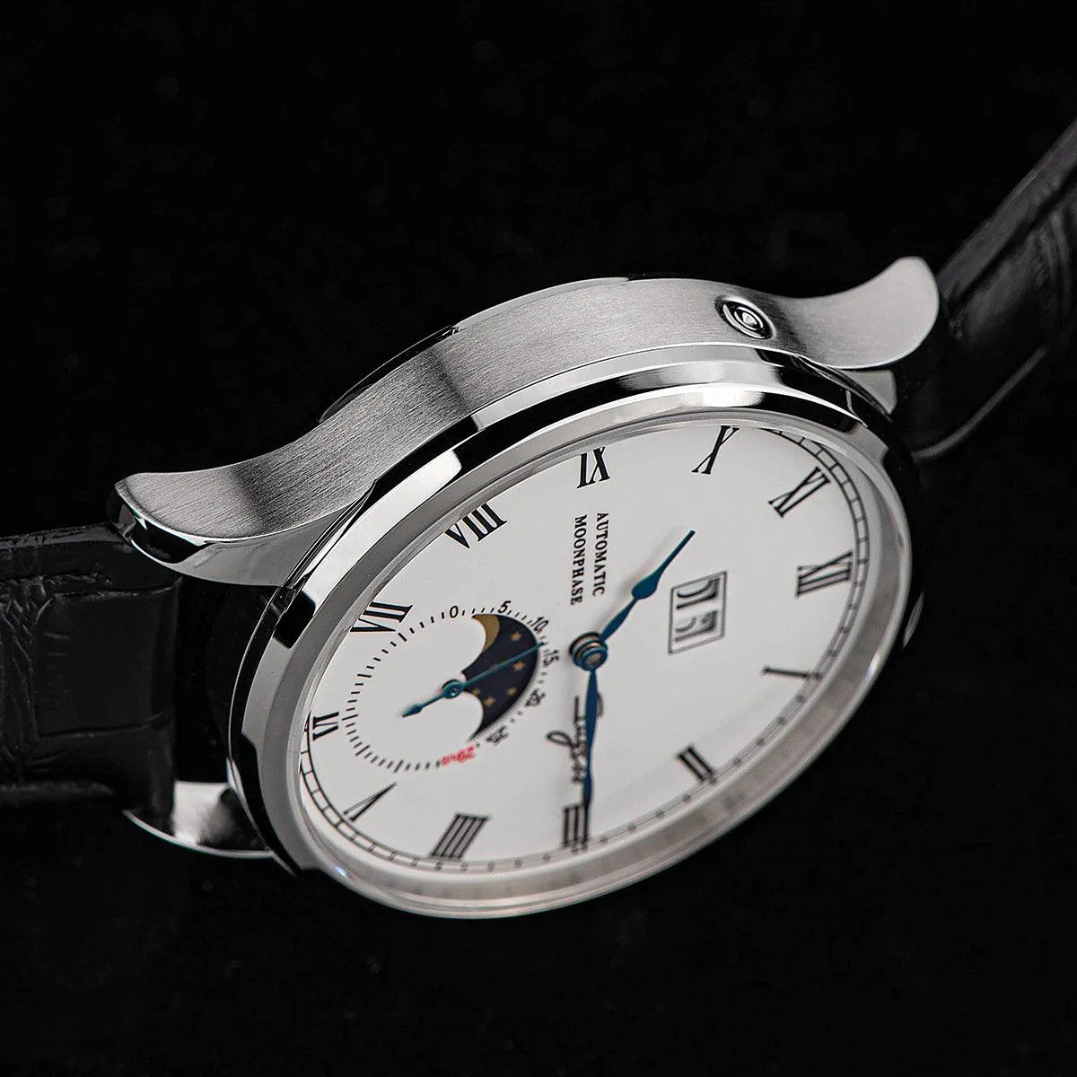 Sugess Automatic Moon Phase Men's Watch Stainless Steel Case with Seagull Movement, Business Elegance, and Enamel Dial