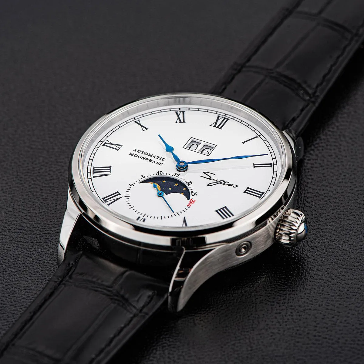 Sugess Automatic Moon Phase Men's Watch Stainless Steel Case with Seagull Movement, Business Elegance, and Enamel Dial