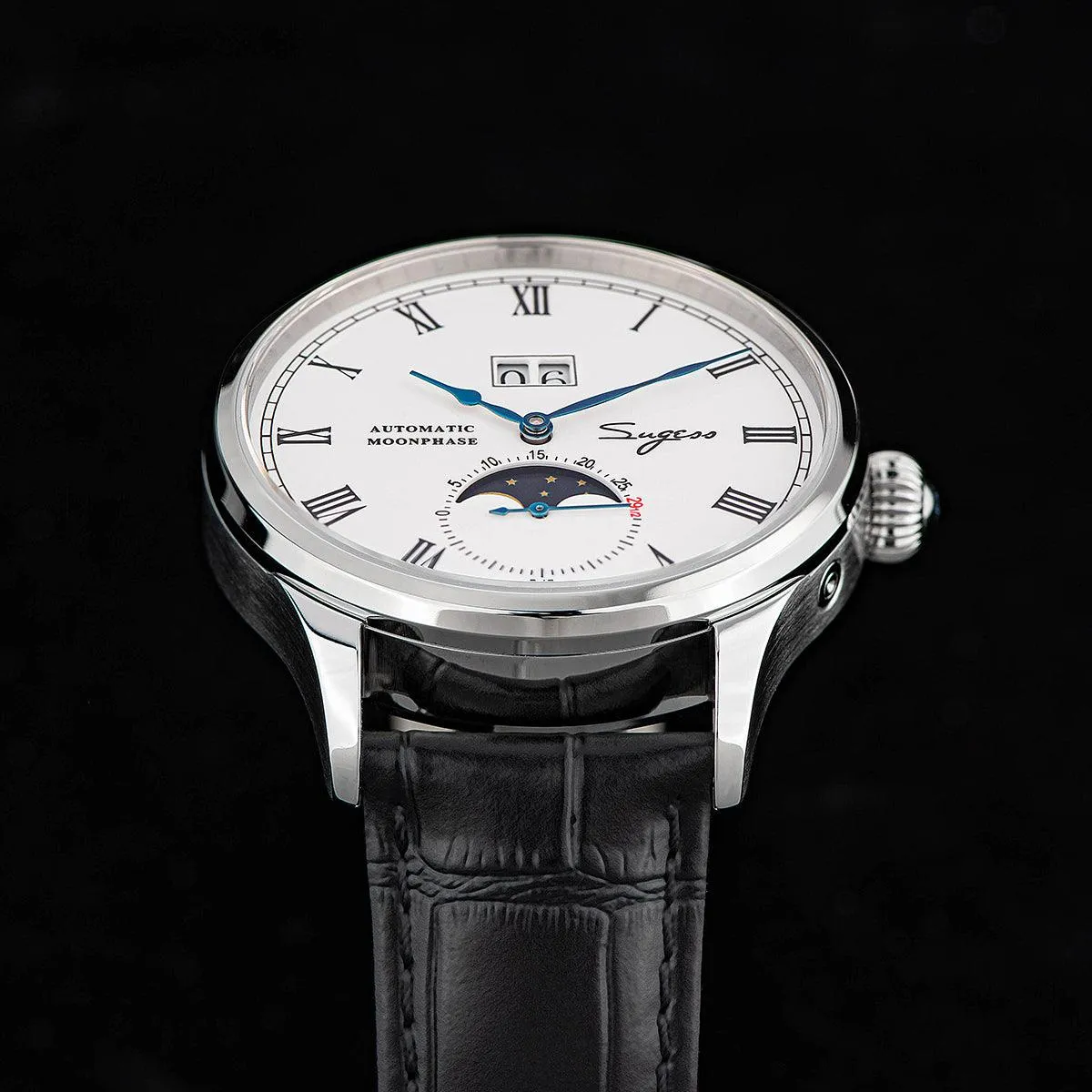 Sugess Automatic Moon Phase Men's Watch Stainless Steel Case with Seagull Movement, Business Elegance, and Enamel Dial