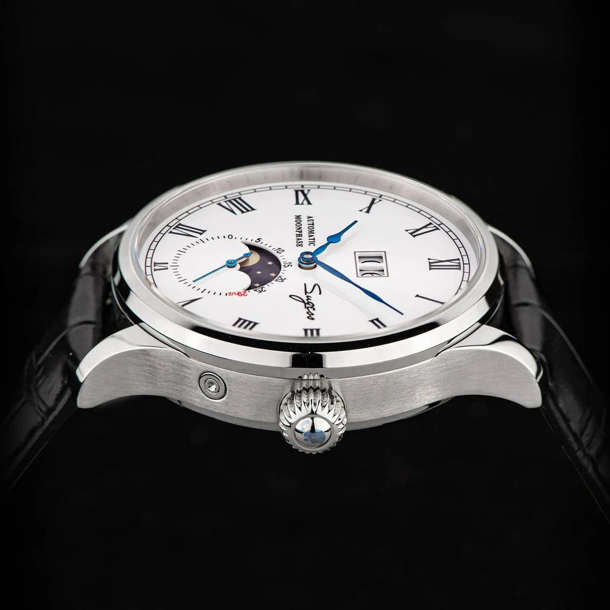 Sugess Automatic Moon Phase Men's Watch Stainless Steel Case with Seagull Movement, Business Elegance, and Enamel Dial