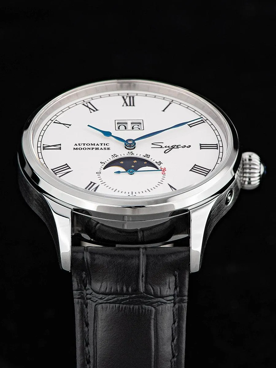 Sugess Automatic Moon Phase Men's Watch Stainless Steel Case with Seagull Movement, Business Elegance, and Enamel Dial