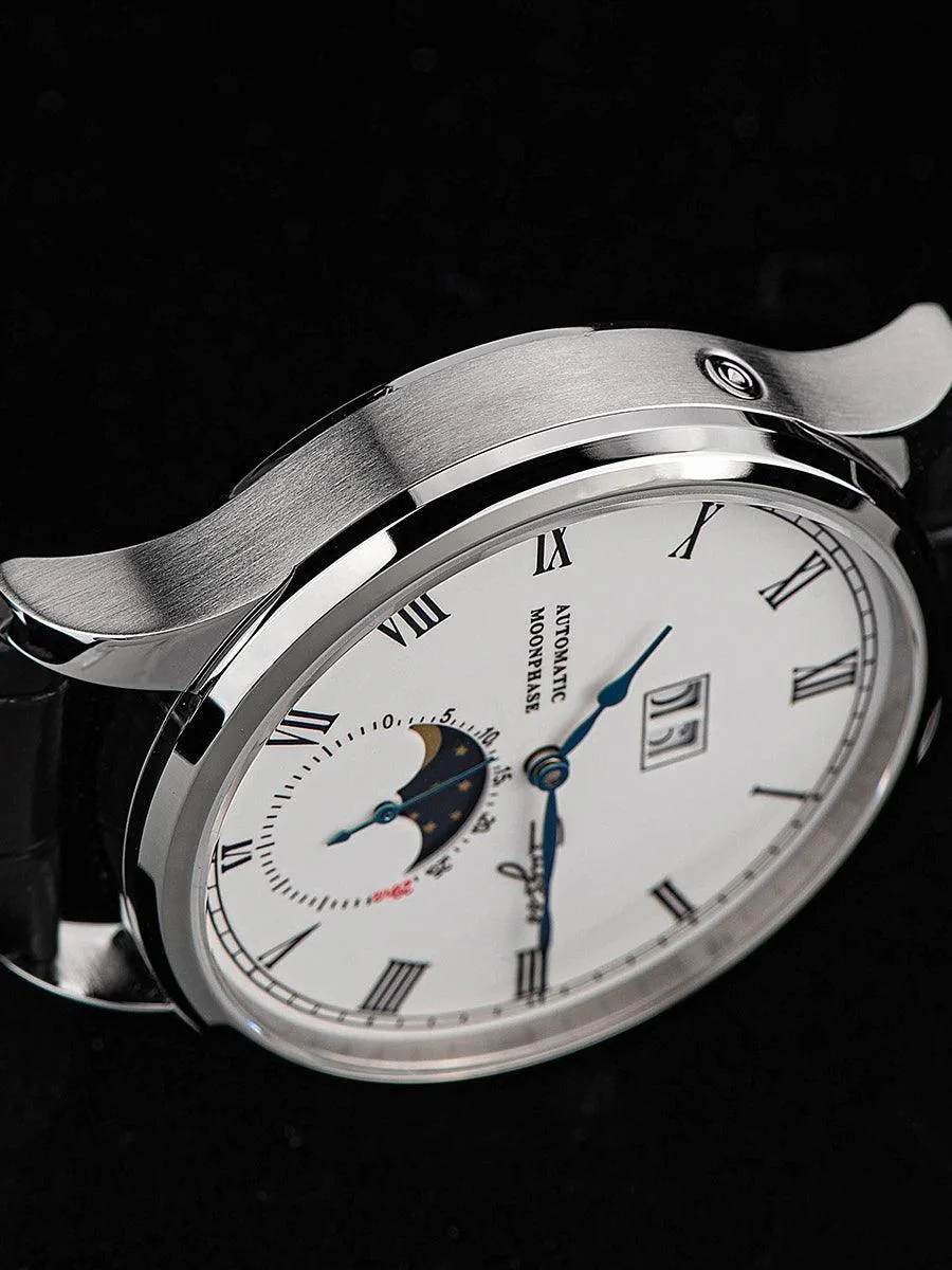 Sugess Automatic Moon Phase Men's Watch Stainless Steel Case with Seagull Movement, Business Elegance, and Enamel Dial